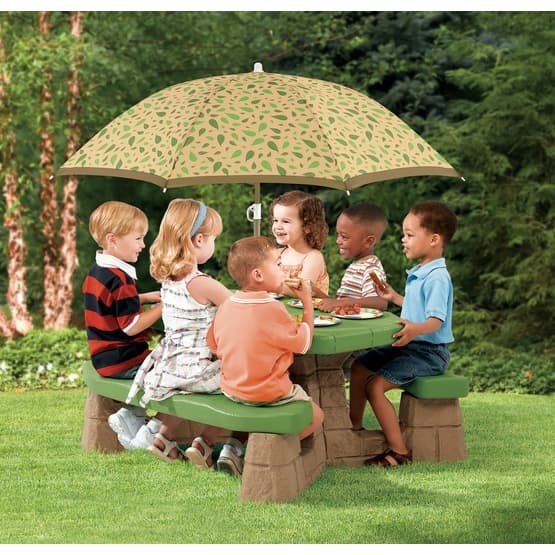 Picknickbord Med Bänk Och Parasoll - Grön/Brun