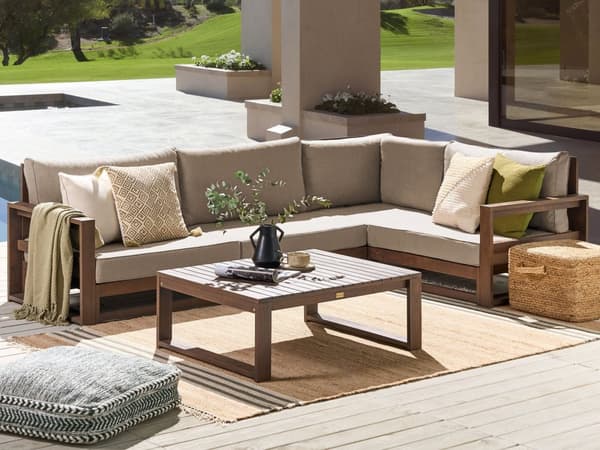 Loungesett Mørkt tre Taupe Akasietre 4-seter Venstrevendt hjørnesofa med puter Sofabord Moderne design Utendørs Hagemøbler