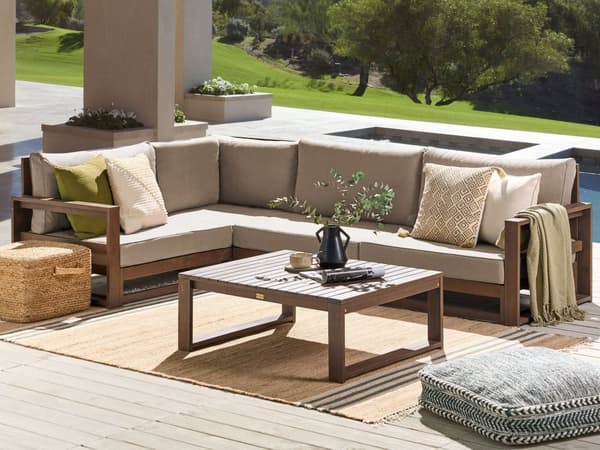 Loungesett Mørkt tre Taupe Akasietre 4-seter Høyrevendt hjørnesofa med puter Sofabord Moderne design Utendørs Hagemøbler