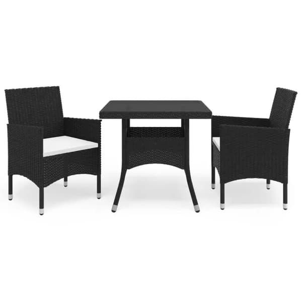 vidaXL spisebordssæt til haven 3 dele polyrattan og hærdet glas sort