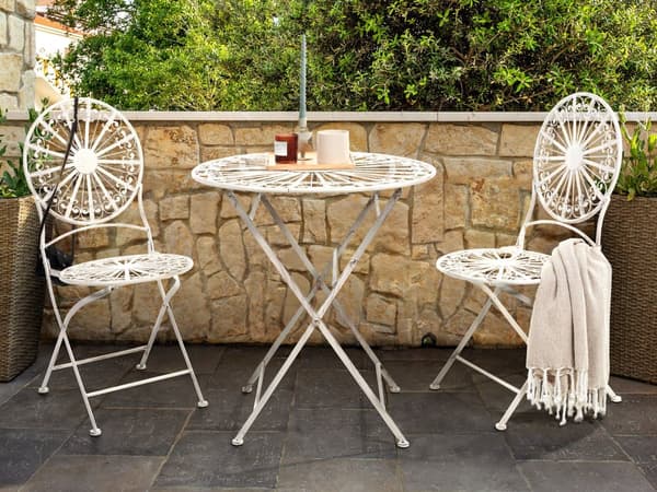 Have Bistro Sæt Hvidt Metal Sammenfoldelig 2 Stole Bord Udendørs Nødeffekt UV Rustmodstand Fransk Retro Stil