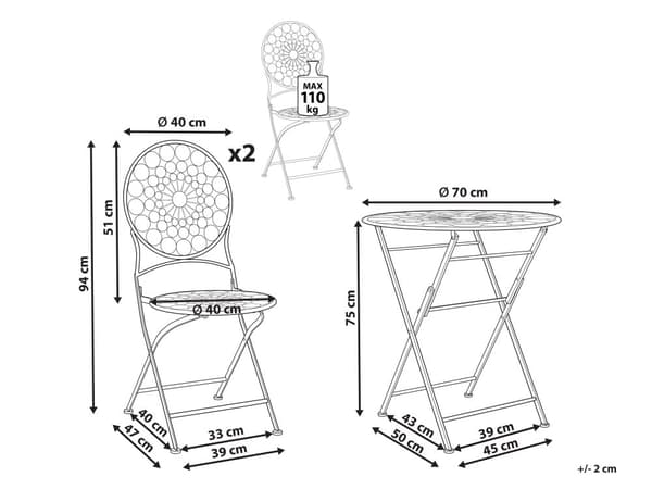Have Bistro Sæt Rød Metal Sammenfoldelig 2 Stole Bord Udendørs UV Rustmodstand Fransk Retro Stil