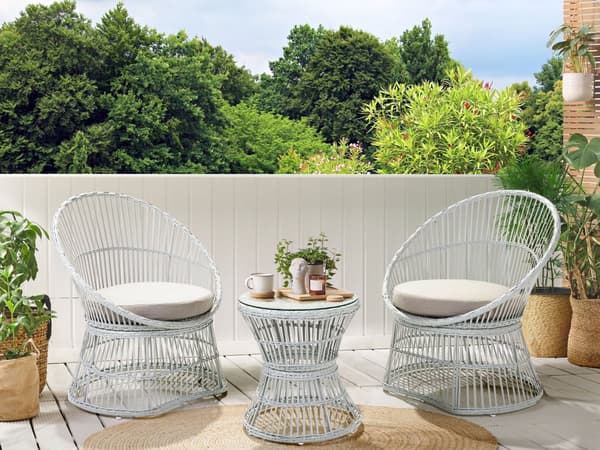 Cafesæt Polyrattan Hvid 3 dele Udendørs Kurvestole med Sidebord Bistrosæt Flet til Have Terrasse Indretning
