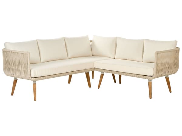 Loungesæt Beige Akacietræ 5 Personers Havesofa Sæt L formet Hjørnesofa Lounge Havebord Reb Design Indendørs Udendørs