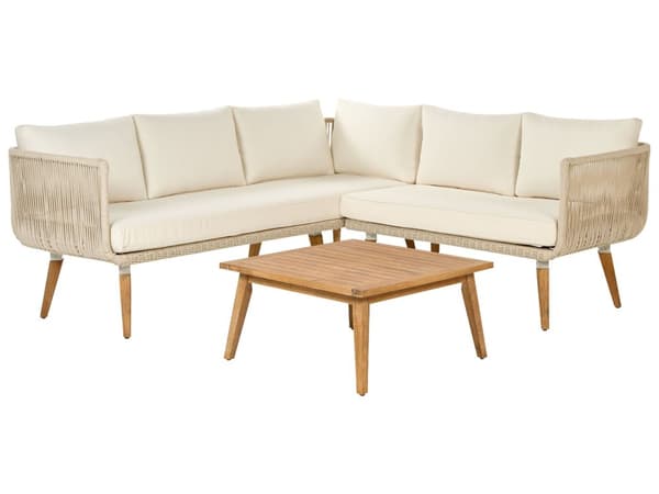 Loungesæt Beige Akacietræ 5 Personers Havesofa Sæt L formet Hjørnesofa Lounge Havebord Reb Design Indendørs Udendørs