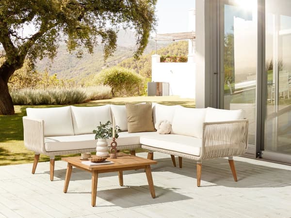 Trädgårdsgrupp Beige Rep Hörnsoffa Träbord Utomhus Modern Altan