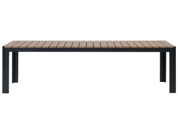 Hagespisesett i lyst treverk og svart utendørs 3-delt rektangulært bord med 2 benker børstet aluminiumsramme