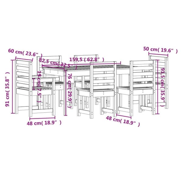 vidaXL Hagespisestue 7 deler hvit heltre furu