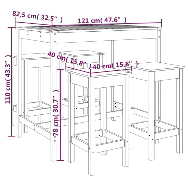vidaXL Hagebarsett 5 deler heltre furu