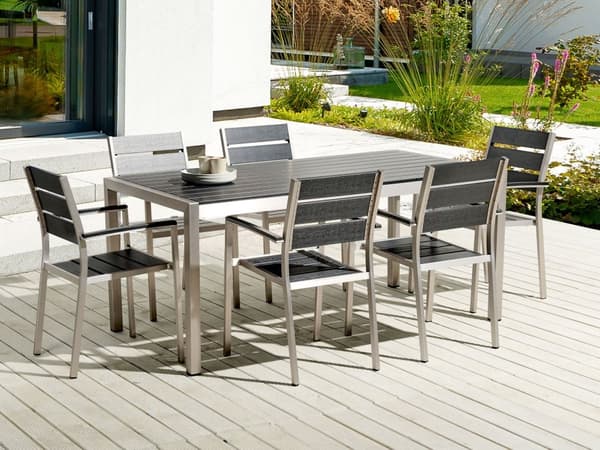 Havemøbelsæt Sort Plast Sølv Aluminium 6 Personers Havebord med Stole Nonwood Vedligeholdelsesfri Stabelstole Havemøbler til Terrasse og Haven