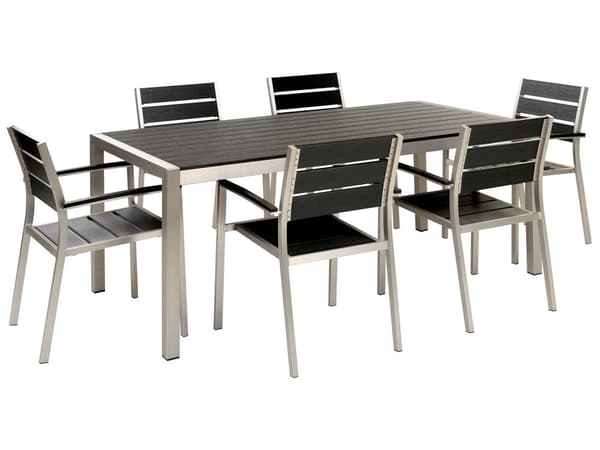 Havemøbelsæt Sort Plast Sølv Aluminium 6 Personers Havebord med Stole Nonwood Vedligeholdelsesfri Stabelstole Havemøbler til Terrasse og Haven