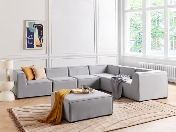 Loungesæt Grå Polyester 7 Personers Moderne Udendørs Modulsofa med Skammel Vandafvisende Havesofa Udendørs Lounge Hjørnesofa