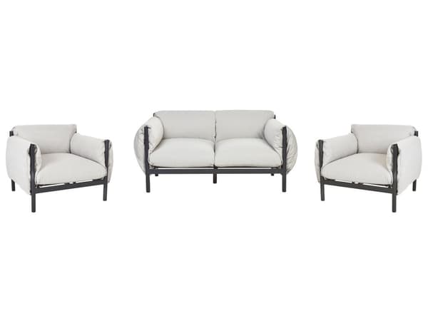 Havesæde i aluminium 2-personers sofa med armchairs sort aluminiumsramme lysegrå hynder i vandafvisende stof