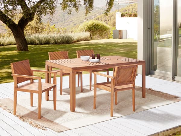 Utendørs spisegruppe Lyst akasietre Bord 180 x 90 cm 4 stoler med armlener Rustikk stil Hagemøbler Uteplass