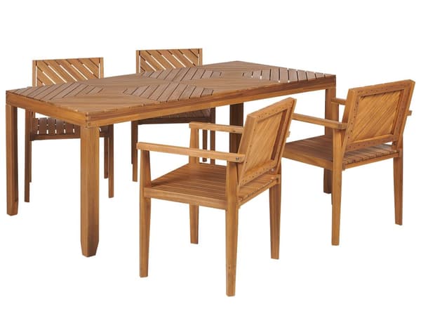 Utendørs spisegruppe Lyst akasietre Bord 180 x 90 cm 4 stoler med armlener Rustikk stil Hagemøbler Uteplass