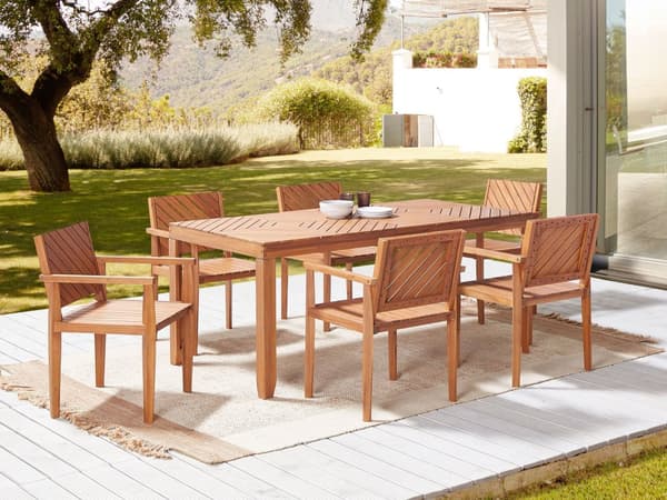 Utendørs spisegruppe Lyst akasietre Bord 180 x 90 cm 6 stoler med armlener Rustikk stil Hagemøbler Uteplass