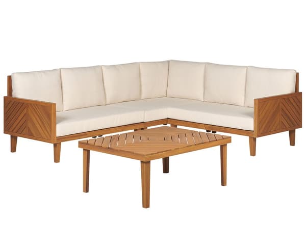 Hagesofasett Akasietre Lys beige puter 5-seter Sofabord Moderne design Utendørs