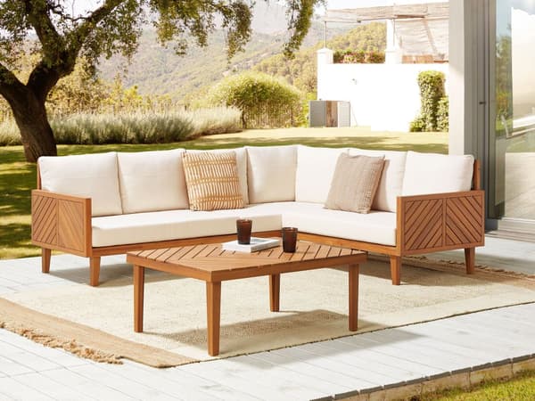 Hagesofasett Akasietre Lys beige puter 5-seter Sofabord Moderne design Utendørs