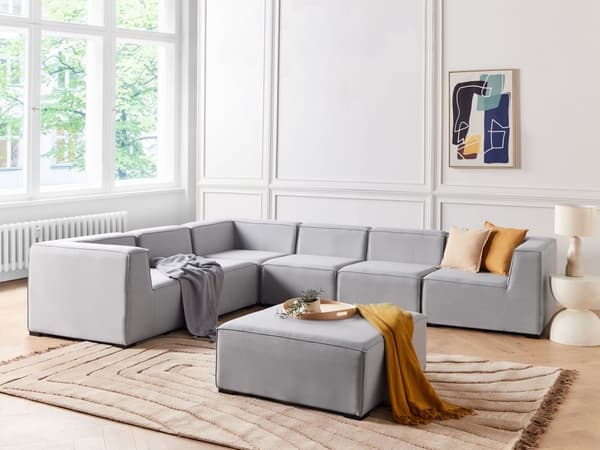 Hagesofagruppe Lysegrå Stoff 7-seter med fotskammel Modulær hjørnesofa Høyrevendt Hagemøbler Loungegruppe
