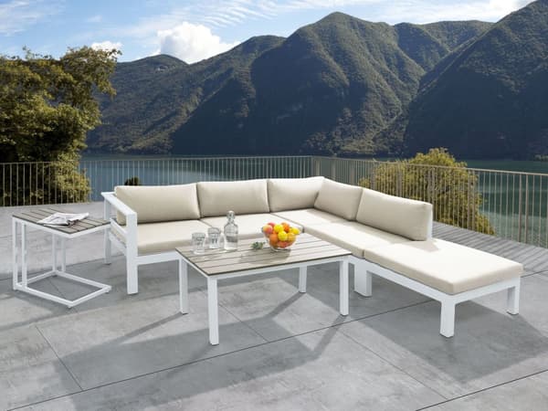 5-seters Hagesofasett Hvit Metallramme Beige Puter Sofabord med spalter Moderne Skandinavisk