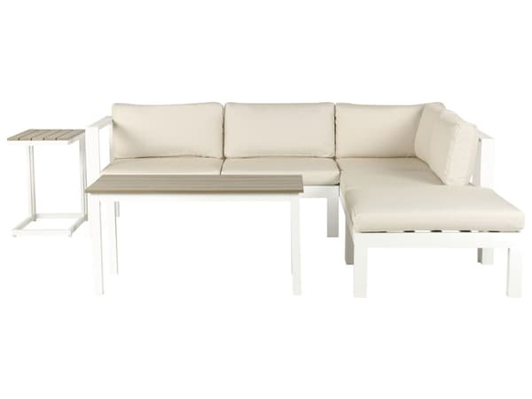 5-seters Hagesofasett Hvit Metallramme Beige Puter Sofabord med spalter Moderne Skandinavisk