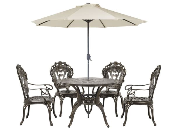 Utendørs spisegruppe Brun Aluminium Rundt bord 4 stoler Parasoll Vintage Klassisk Hage Uteplass