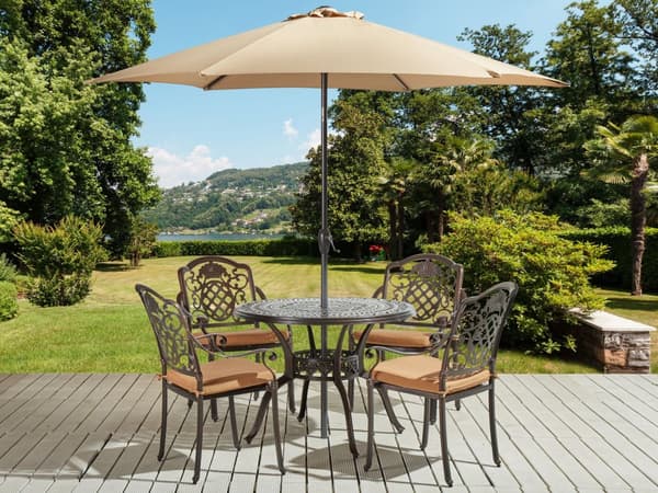 Utegrupp med Parasoll Brun Aluminium Bord Utomhus 4 Stolar Sittdynor Retro Stil