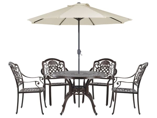 Utegrupp med Parasoll Brun Aluminium Bord Utomhus 4 Stolar Sittdynor Retro Stil