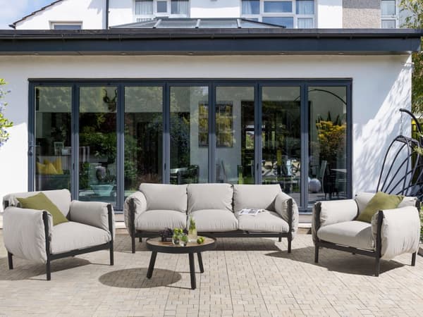 Hagesete Aluminium 3-seters Sofa med lenestoler Svart Aluminiumsramme Lysegrå puter