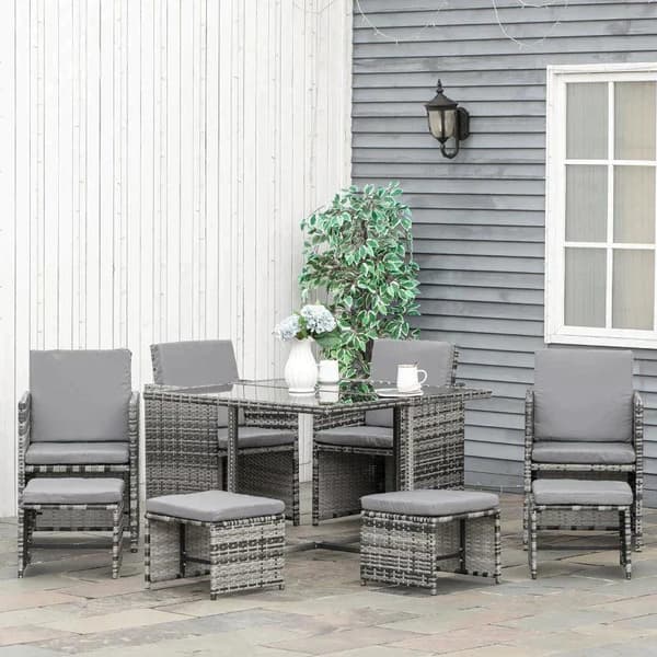 Rootz Garden Set - Matsalsset i polyrotting - Bord - Stol - Pallar - Kuddar - Metall - Polyester - Grå - 109 cm x109 cm x 72 cm