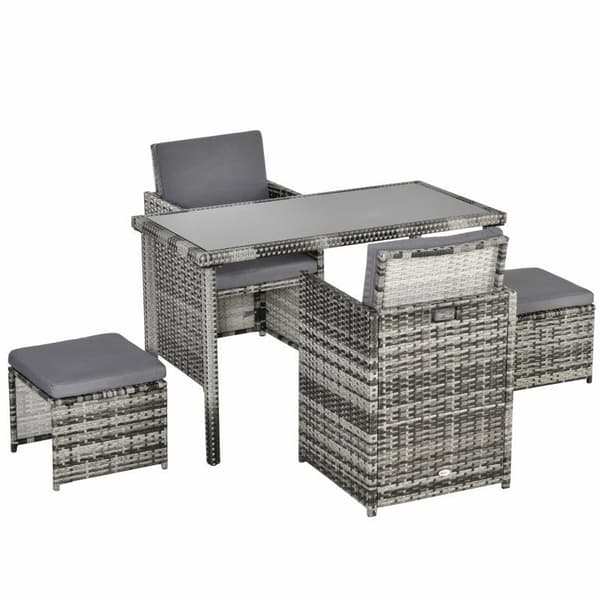 Rootz Poly Rattan siddegruppe - Spisesæt - Havesæt - 5 stykker med hynder - Grå - 120L x 60W x 72H cm