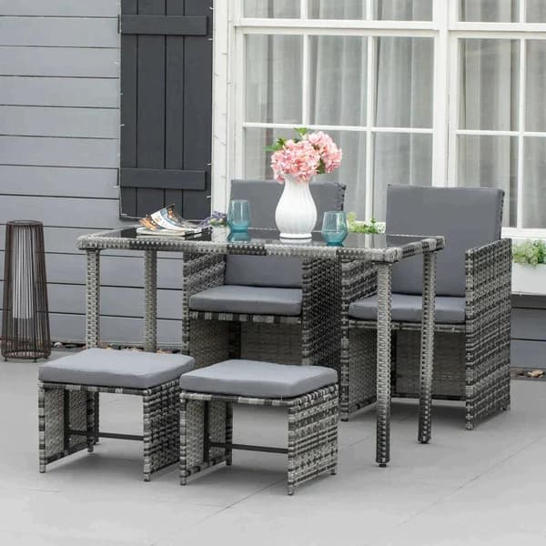 Rootz Poly Rattan siddegruppe - Spisesæt - Havesæt - 5 stykker med hynder - Grå - 120L x 60W x 72H cm