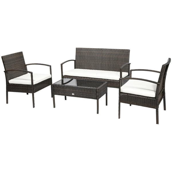 Rootz Poly Rattan Havemøbelsæt - 4-delt Rottesofasæt - Siddegruppe - Siddesæt til pause - Lounge tebord med sofa - Siddepude - Stål - Brun + Cremehvid