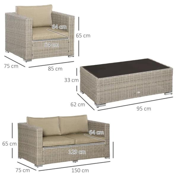Rootz 4 kpl. Polyrottinki puutarhakalusteet - Puutarhasetti - Loungesetti - Olohuoneen kalusteet sohvapöydällä - Istuintyyny - Khaki/Beige - 150L x 75