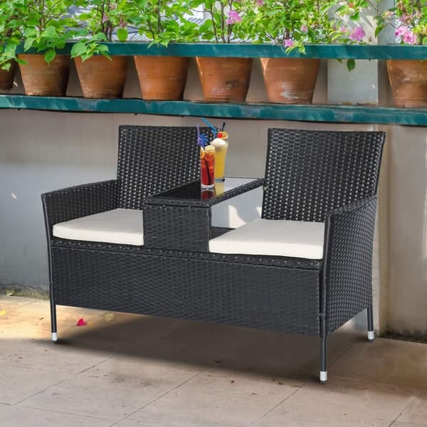 Rootz Poly Rattan Lounge Garden Penkki - musta, beige - polyrottinki, teräs, lasi - 52,36 cm x 24,8 cm x 33,07 cm