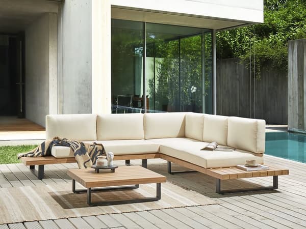 Hörnsoffa Trädgård Loungegrupp Off-White Trä 5-sits med Soffbord