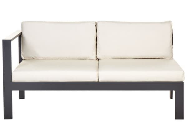 5-sits trädgårdssoffa med svart metallram beige kuddar soffbord med spjälor Modern skandinavisk konversationssoffa för utomhusbruk