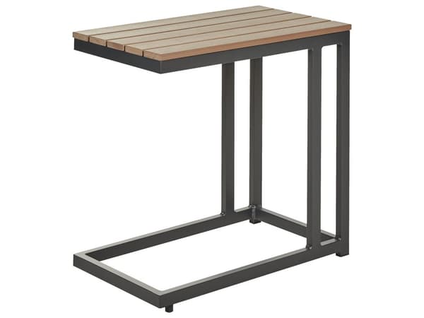 5-sits trädgårdssoffa med svart metallram beige kuddar soffbord med spjälor Modern skandinavisk konversationssoffa för utomhusbruk