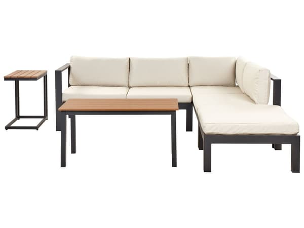 5-sits trädgårdssoffa med svart metallram beige kuddar soffbord med spjälor Modern skandinavisk konversationssoffa för utomhusbruk