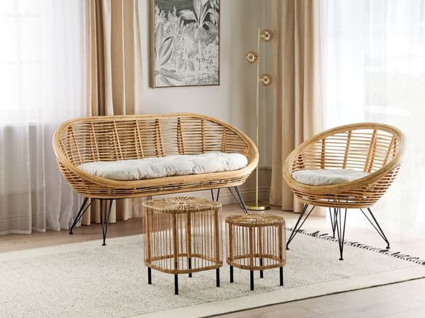 Sohvaryhmä luonnonväri kolmelle rottinki rautajalat vaalea beige puuvilla pehmuste sohvapöydät boho