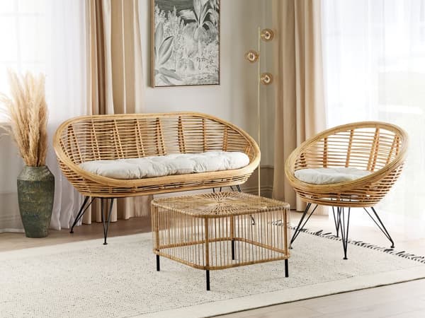 Sohvaryhmä luonnonväri kolmelle rottinki rautajalat vaalea beige puuvilla pehmuste sohvapöytä boho