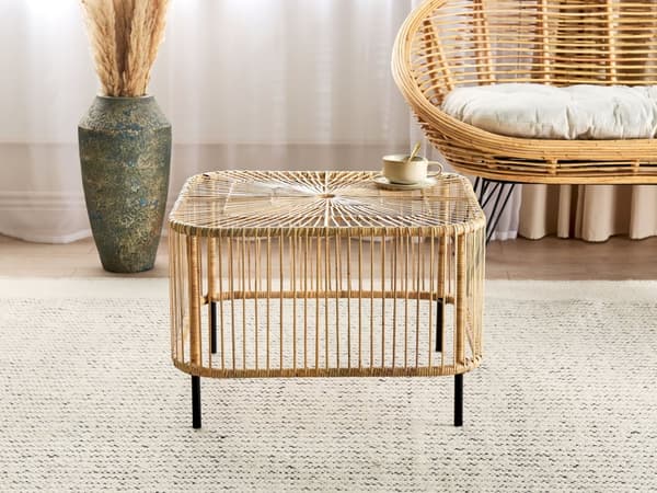 Sohvaryhmä luonnonväri kolmelle rottinki rautajalat vaalea beige puuvilla pehmuste sohvapöytä boho