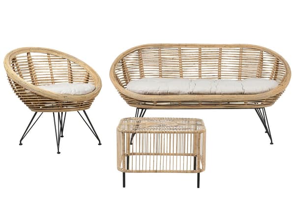 Sohvaryhmä luonnonväri kolmelle rottinki rautajalat vaalea beige puuvilla pehmuste sohvapöytä boho