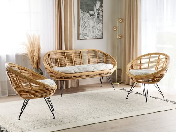 Loungesæt Beige Natur Rattan 4 Personers Flet Sofa og Lænestol Udendørs Sofagruppe Boho Design til Terrasse Haveloungesæt