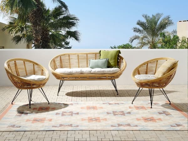 Loungesæt Beige Natur Rattan 4 Personers Flet Sofa og Lænestol Udendørs Sofagruppe Boho Design til Terrasse Haveloungesæt