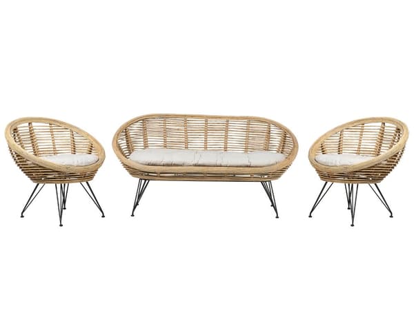 Loungesæt Beige Natur Rattan 4 Personers Flet Sofa og Lænestol Udendørs Sofagruppe Boho Design til Terrasse Haveloungesæt