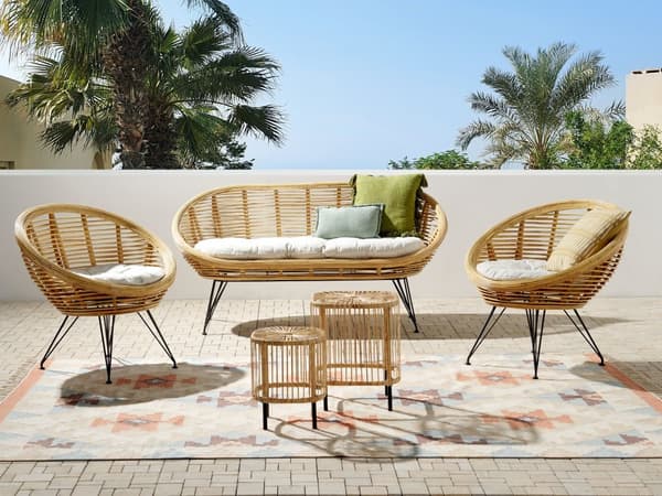 Loungesæt Beige Natur Rattan 4 Personers Flet Sofa og Lænestol Udendørs Sofagruppe Boho Design til Terrasse Haveloungesæt