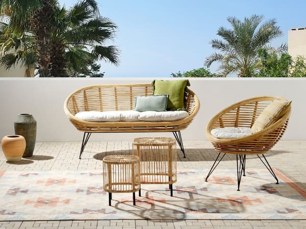 Loungesæt Beige Natur Rattan 3 Personers Flet Sofa og Lænestol Udendørs Sofagruppe Boho Design til Terrasse Haveloungesæt