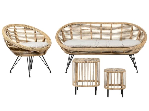 Loungesæt Beige Natur Rattan 3 Personers Flet Sofa og Lænestol Udendørs Sofagruppe Boho Design til Terrasse Haveloungesæt