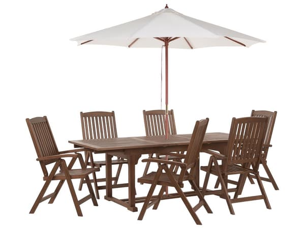 Utendørs spisegruppe Mørkt akasietre Beige parasoll 1 uttrekkbart bord 6 stoler Justerbar ryggstøtte Rustikk stil Hage